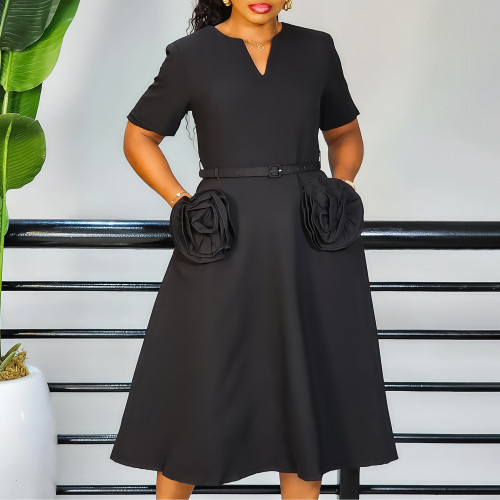 V-neck three-dimensional flower short sleeved waist cinched A-line dress