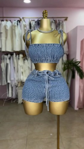Strapless slim fit elastic denim two-piece set