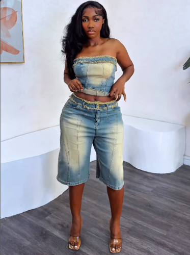 Hairy edge chest wrapped top, high waisted denim shorts set
