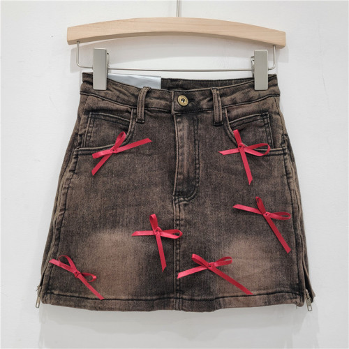 Bow tie denim skirt elastic A-line short skirt