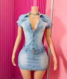 Elastic dress denim short sleeved dress