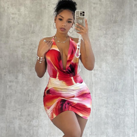 Fashionable Printed Dress, Sexy Backless Bodyress JD300371