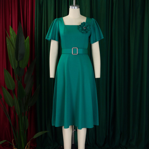 Square neck solid color high waist and large swing dress