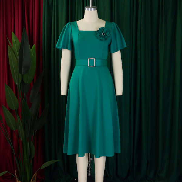 Square neck solid color high waist and large swing dress