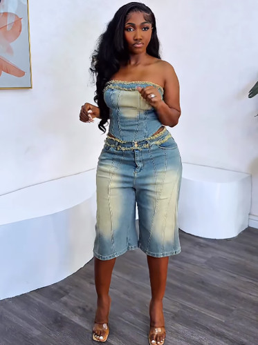 Hairy edge chest wrapped top, high waisted denim shorts set
