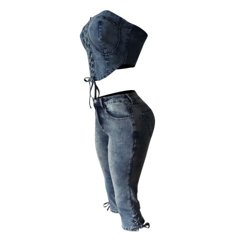 Elastic lace denim set with strapless straps and cropped pants set