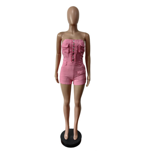 Strapless elastic workwear zipper pocket jumpsuit shorts