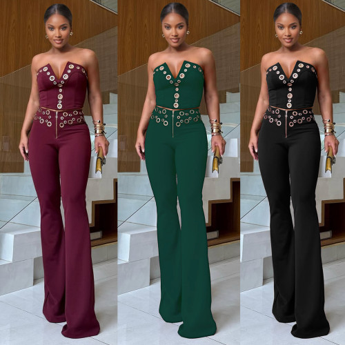 Slim fit elastic chicken eye metal buckle V-neck two-piece set