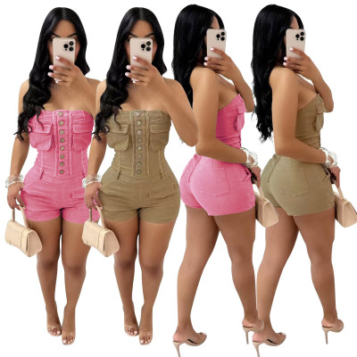 Strapless elastic workwear zipper pocket jumpsuit shorts