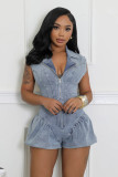 Zipper high elasticity denim bubble jumpsuit
