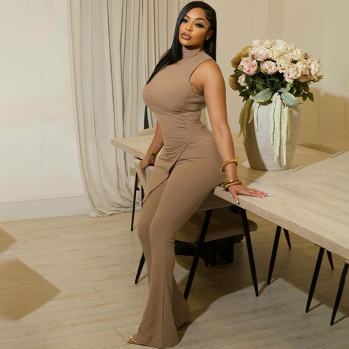 Sleeveless high neck split top and pants two-piece set