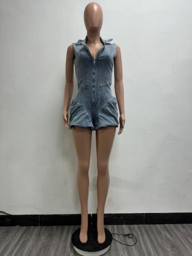 Zipper high elasticity denim bubble jumpsuit