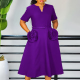V-neck three-dimensional flower short sleeved waist cinched A-line dress
