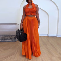 Hanging neck ruffled strapless high waisted pleated wide leg pants Hanging neck ruffled strapless high waisted pleated wide leg pants