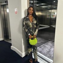 Printed shirt collar breasted top and pants two-piece set