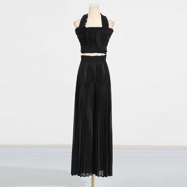 Hanging neck ruffled strapless high waisted pleated wide leg pants