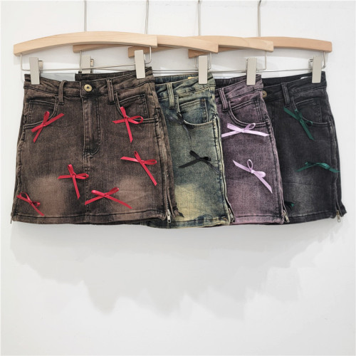 Bow tie denim skirt elastic A-line short skirt