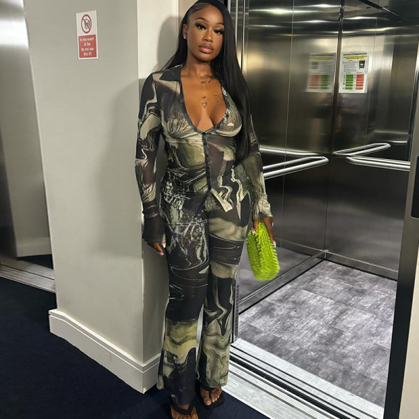 Printed shirt collar breasted top and pants two-piece set