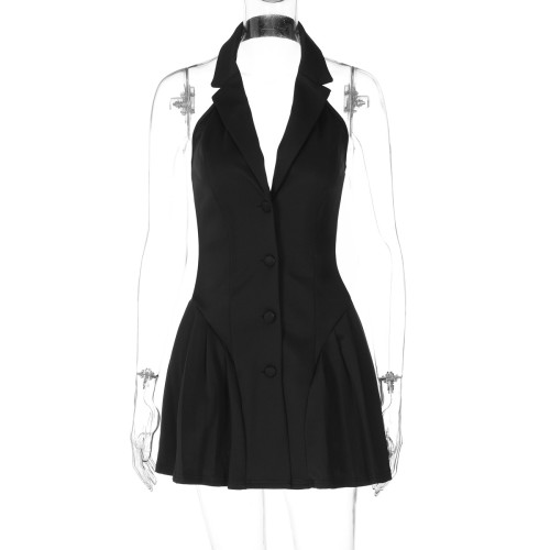 Hanging neck deep V-neck suit collar cardigan ruffle edge dress