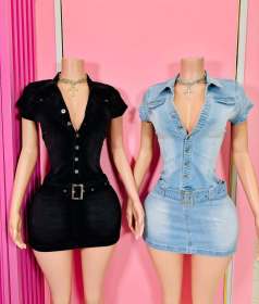 Elastic dress denim short sleeved dress