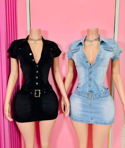 Elastic dress denim short sleeved dress