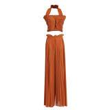 Hanging neck ruffled strapless high waisted pleated wide leg pants