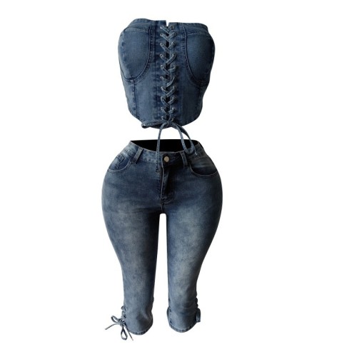Elastic lace denim set with strapless straps and cropped pants set