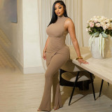 Sleeveless high neck split top and pants two-piece set