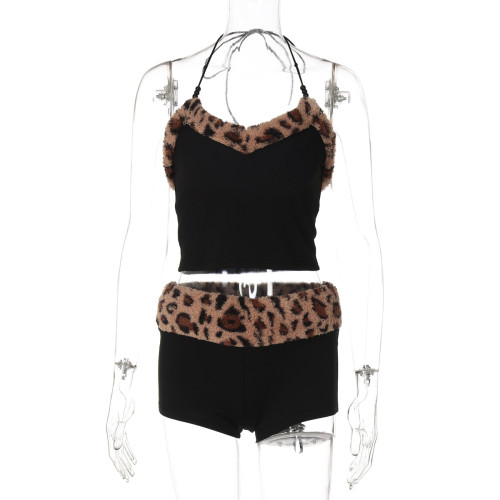 Leopard print patchwork lace up vest shorts set