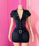 Elastic dress denim short sleeved dress