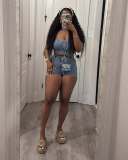 Strapless slim fit elastic denim two-piece set