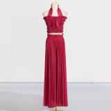 Hanging neck ruffled strapless high waisted pleated wide leg pants