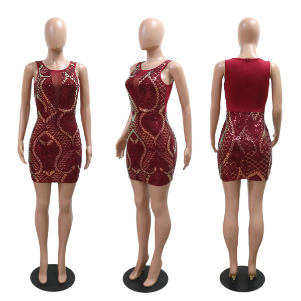 Tight round neck sequined hip hugging dress