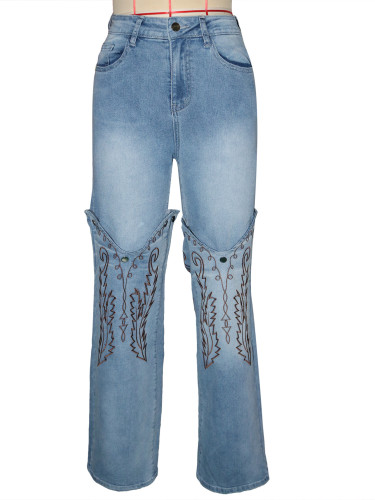 Embroidered straight leg jeans