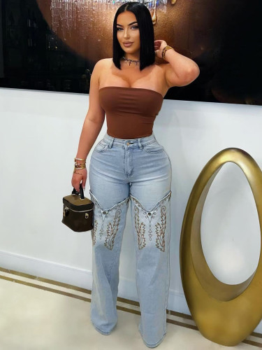 Embroidered straight leg jeans