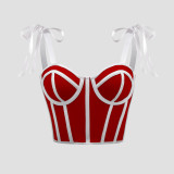 Color blocking strap with exposed navel, steel ring, fishbone suspender vest