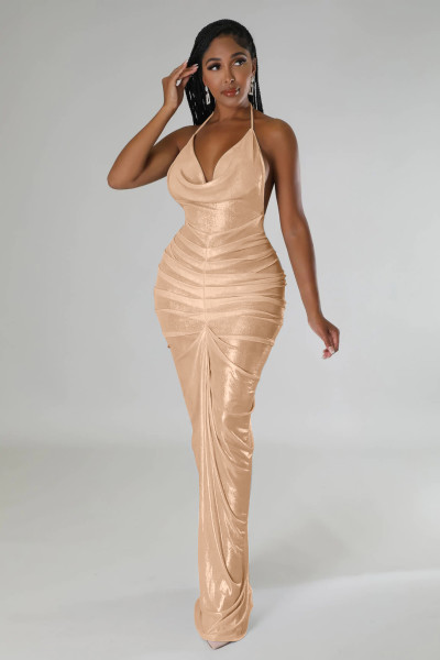 Fashionable halter backless sexy hot girl pleated slim dress