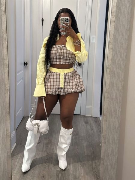 Checkered jacket, strapless and hip hugging skirt set