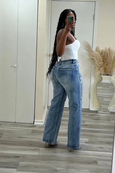 Retro denim fringe cross straight leg 9-inch pants