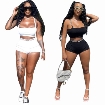 Strap strapless shoulder strap printed letter shorts set