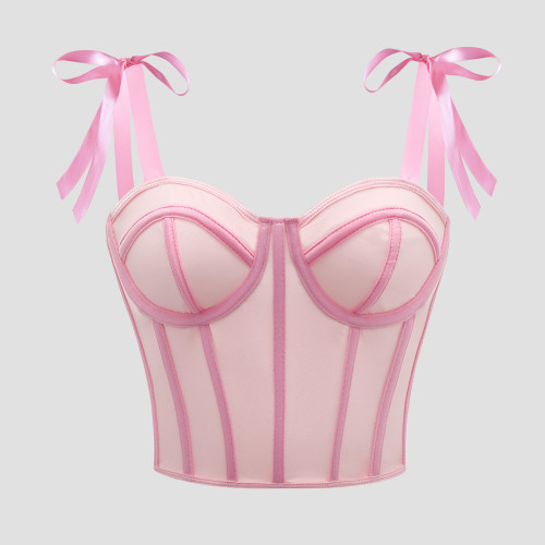 Color blocking strap with exposed navel, steel ring, fishbone suspender vest