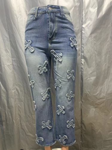 Retro denim fringe cross straight leg 9-inch pants