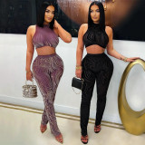 Round neck sleeveless short top paired with pencil pants two-piece set