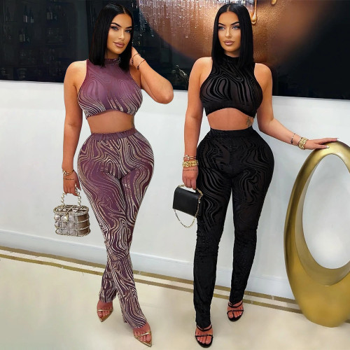 Round neck sleeveless short top paired with pencil pants two-piece set