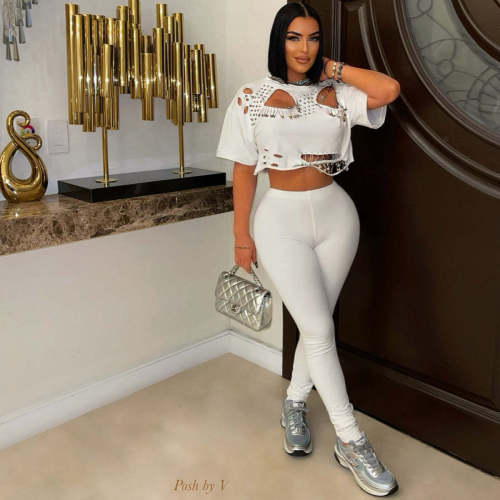 Round neck perforated short T-shirt two-piece set