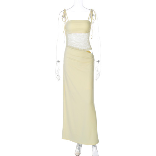 Lace patchwork suspender see through hollow dress