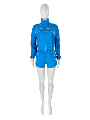 Long sleeved zipper woven shorts two-piece set