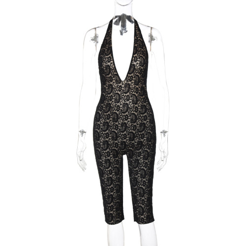 Lace patchwork backless hanging neck tie jumpsuit