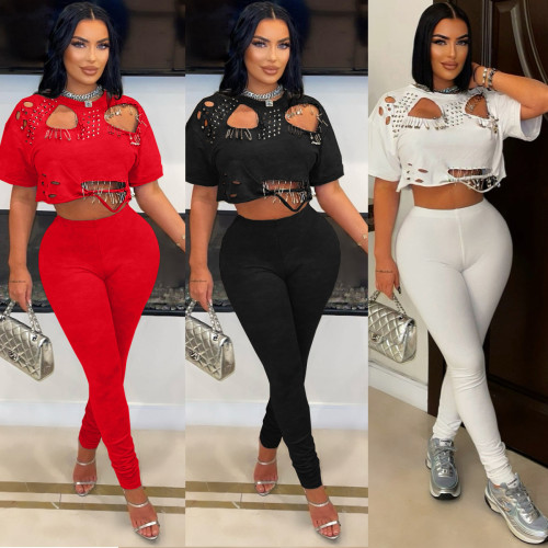 Round neck perforated short T-shirt two-piece set