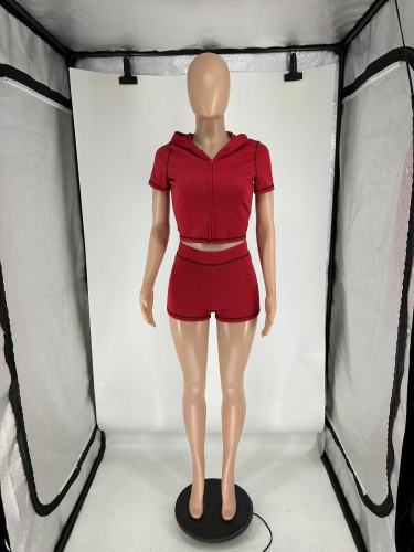 Zipper hooded cardigan high stretch short sleeved shorts two-piece set